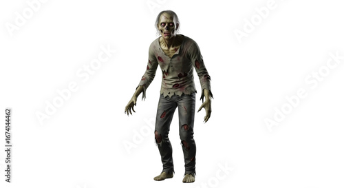 Spooky zombie character in tattered clothing on a dark black background