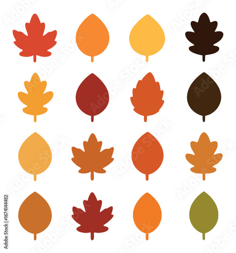 Gradient leaf silhouette icon set featuring maple, elm, oak, birch, and chestnut