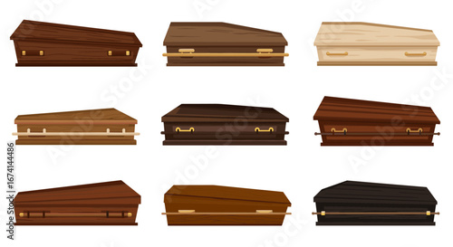 Variety of wooden coffins: classic and modern designs in flat style
