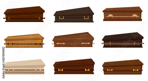 Set of wooden coffin designs in flat style with brass handles and varied wood tones