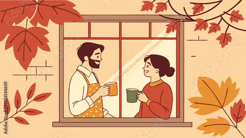 Cozy Autumn Morning: Happy Couple Enjoying Hot Drinks by a Window with Falling Leaves, Flat Illustration