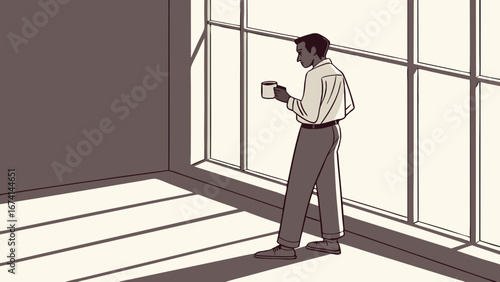 Pensive Man with Coffee Mug Gazing Out Large Window, Bathed in Morning Light and Long Shadows in a Minimalist Room