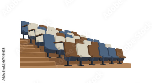 Modern theater seating: multi-colored auditorium chairs on wooden floors