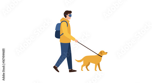 Man with guide dog walking in flat style