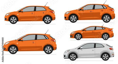 Set of orange and white hatchback car profiles with side views in flat style
