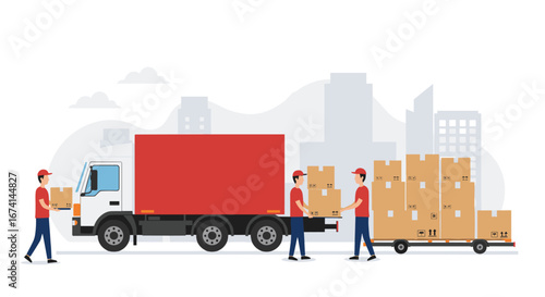 Logistics team unloading a red truck in an urban setting