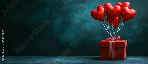 Romantic Red Gift Box with Heart Balloons on Teal Background
