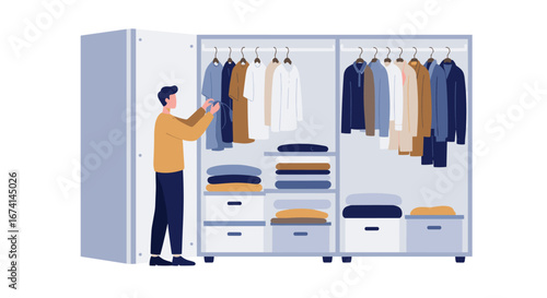 Man organizing closet with clothes on hangers and shelves in modern minimalist style
