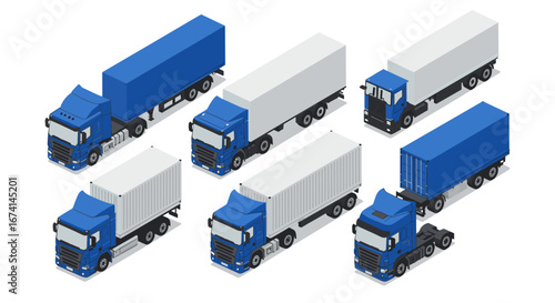 Isometric truck set with blue and white containers in various configurations