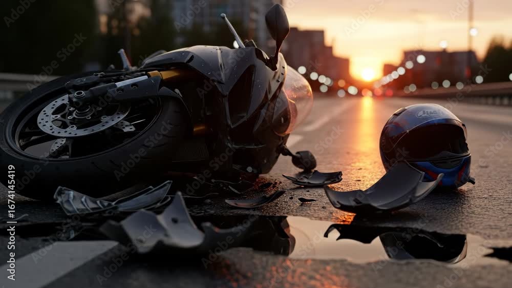 Motorcycle Accident Aftermath at Sunset - A wrecked motorcycle lies on a city street at sunset, surrounded by debris and a damaged helmet.