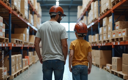 Picture of father and son walking through their warehouse with helmets on their heads. Son in looking and big shelf full of products and looking focused. High quality
