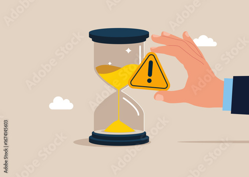 Hourglass with showing exclamation attention sign. Defective goods. Large error. Deadline or time management. Final countdown. Flat vector illustration