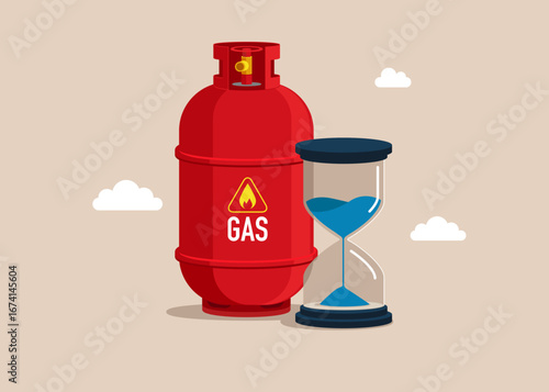 Time and resource. Trading natural gas. Gas cylinder and hourglass with blue liquid inside represents the dwindling supply of gas. Flat vector illustration