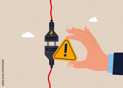 Large global error. Connecting electrical plugs to each other with showing exclamation attention sign. Turn on and off. Flat vector illustration
