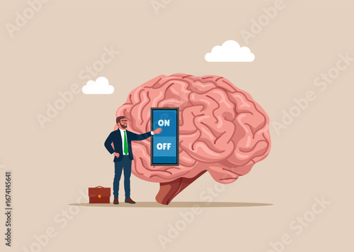 Mental health treatment or psychology support, help relief anxiety or depression. Stress management, turning off the switch in the human brain. Switch off negative thinking. Vector illustration.