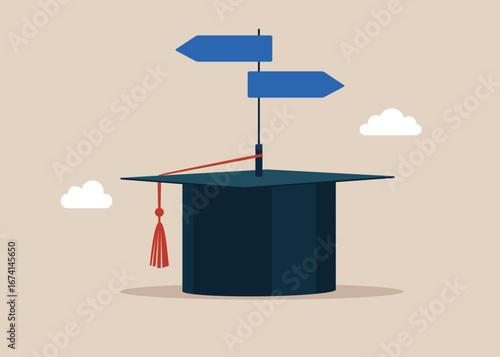 Study abroad world education curriculum, college and university. Direction to go at signpost locating on mortarboard hat. Flat vector illustration