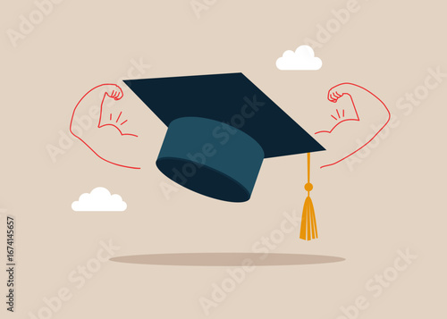 Mortarboard hat shows strong gesture. Mental power. High esteem.  Flat vector illustration