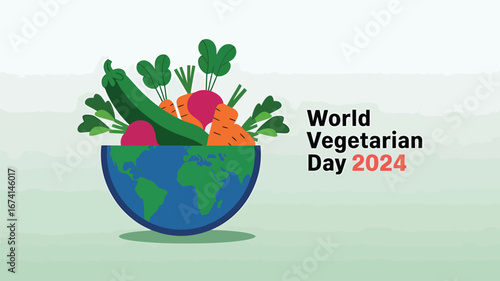 Vector art of world vegetarian day 2024 celebrated with fresh vegetables in a bowl shaped like the earth, promoting healthy eating and global awareness