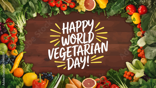 Vector art of happy world vegetarian day message surrounded by a vibrant frame of fresh, colorful fruits and vegetables on a wooden background