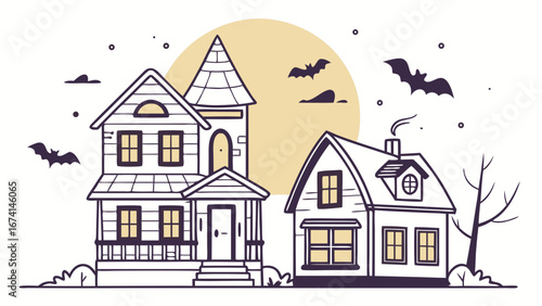 Spooky Halloween Night Scene with Haunted Houses, Full Moon, and Flying Bats. Whimsical Cartoon Line Art Illustration of Mysterious Homes.