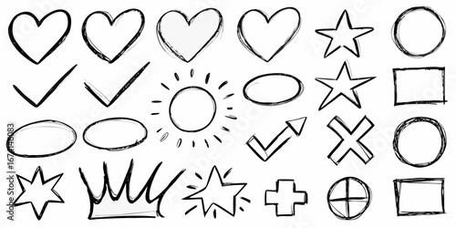 Collection of hand drawn sketch icons including hearts stars circles squares checkmarks and a sun
