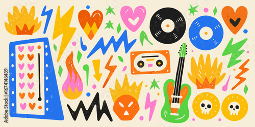 Vibrant retro music collage featuring guitars records cassette tapes hearts and skulls