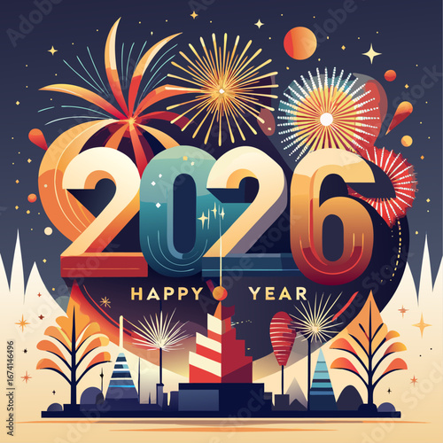 Happy new year 2026 celebration with fireworks and cityscape