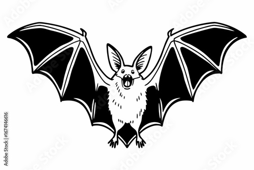 A Black and White Illustration of a Bat with its Wings Spread Wide