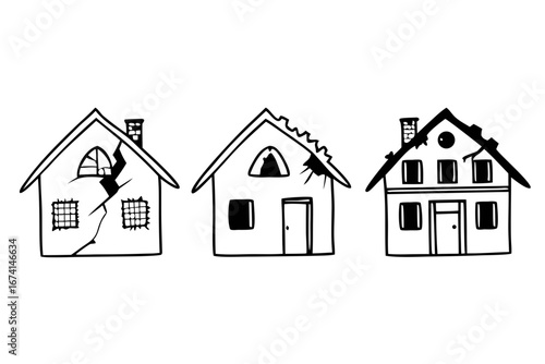 Hand-drawn illustration of three houses in varying states of disrepair, depicting cracked walls and damaged roofs, symbolizing home deterioration or neglect