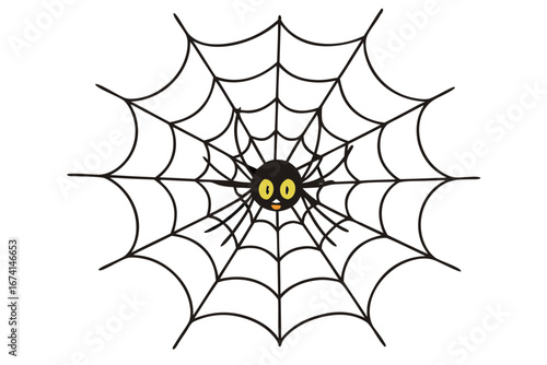 Charming and spooky cartoon spider illustration with bright yellow eyes, patiently waiting in its perfectly symmetrical web. A festive graphic for Halloween and autumn events
