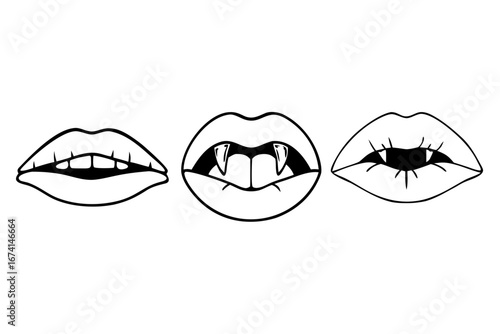 Collection of stylized open and closed human mouths, showcasing normal teeth alongside sharp, menacing vampire fangs, perfect for themes of fantasy, horror, or Halloween