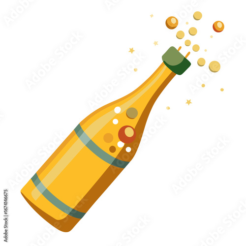 Champagne bottle popping with bubbles and stars