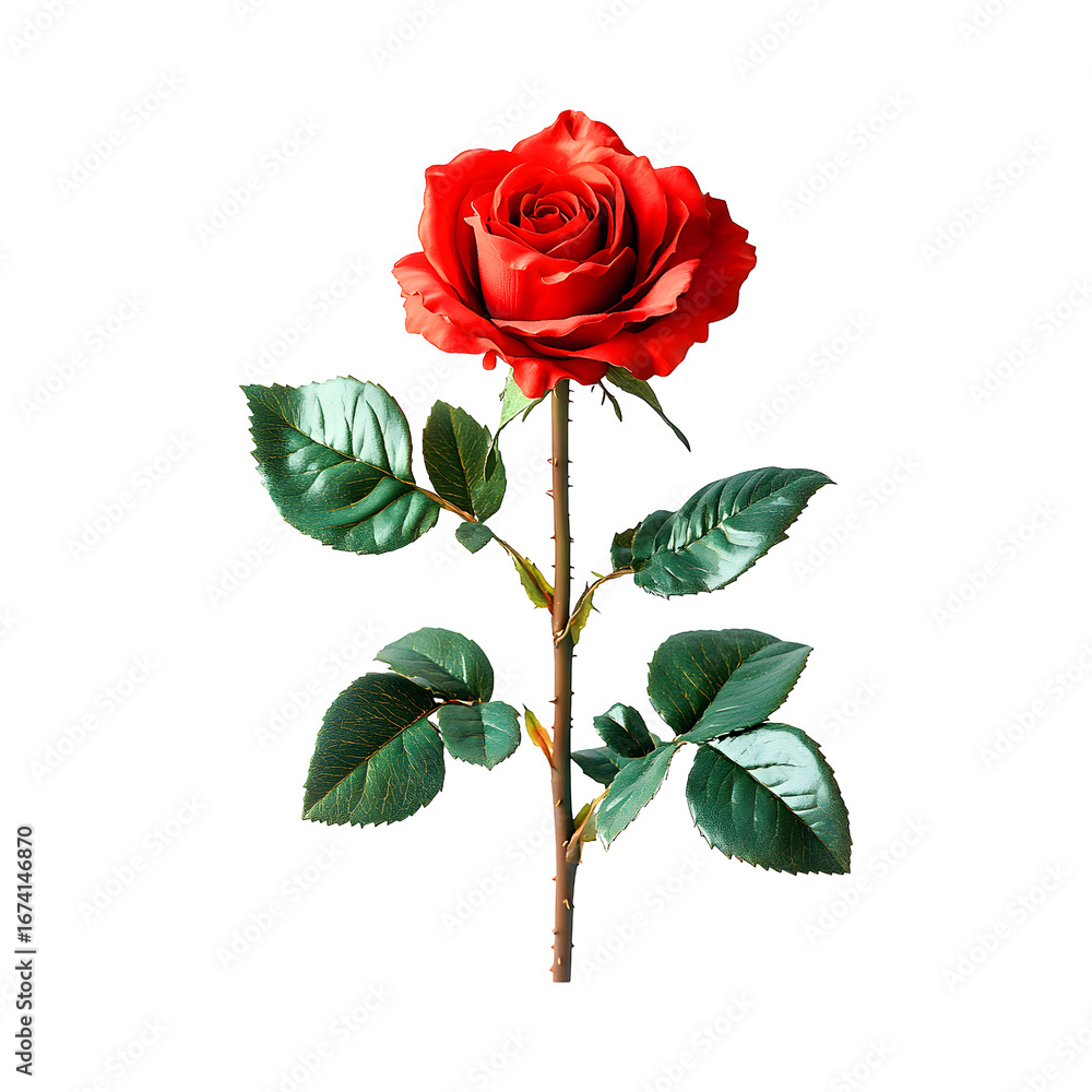 Naklejka premium Red rose blossom exhibits vibrant green leaves and long stem 