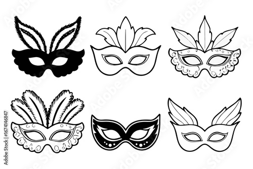 Ornate venetian carnival mask collection in a simple black and white line art style, ideal for masquerade balls, festivals, and party invitations