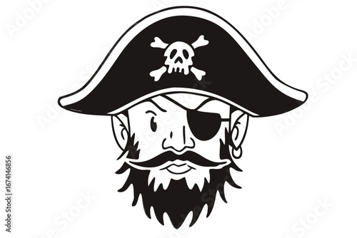 Pirate Captain Illustration Black and White Cartoon Style