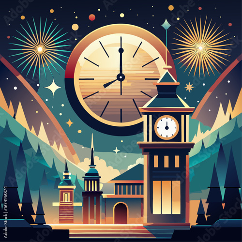 New year s eve countdown with fireworks and clock tower