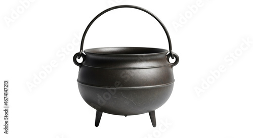 Black cast iron cauldron with handle on a solid black background