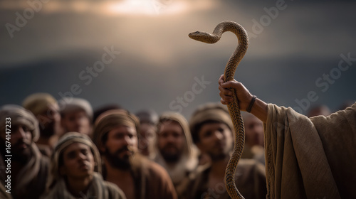 Moses stands in the desert, holding the bronze serpent high as it coils, a symbol of faith and salvation, with the arid landscape stretching under a bright sky.