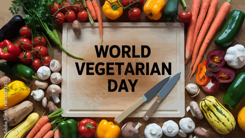 Vector art of a vibrant overhead view of a wooden cutting board surrounded by a colorful assortment of fresh vegetables, celebrating world vegetarian day