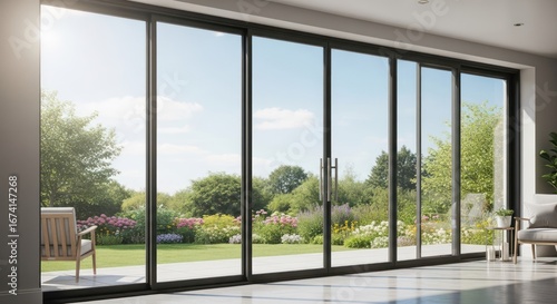 Modern living room with glass wall and garden view, sunny day