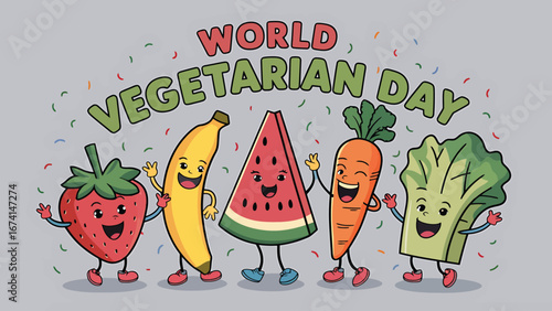 Vector art of happy fruits and vegetables characters celebrating world vegetarian day with confetti, promoting a fun and healthy plantbased diet