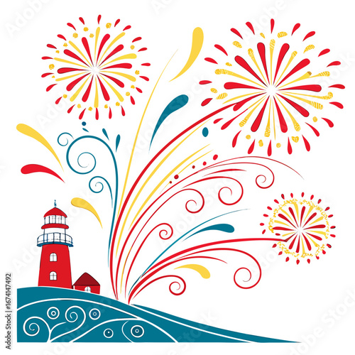 Lighthouse and fireworks celebration by the sea