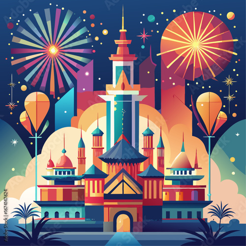 Vibrant cityscape with fireworks and hot air balloons