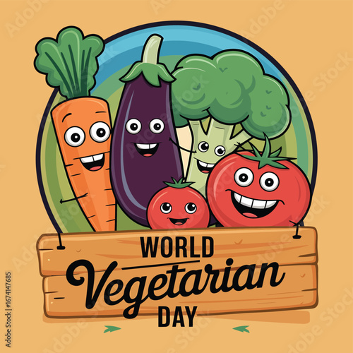 Vector art of a fun cartoon illustration of happy vegetables celebrating world vegetarian day, with a wooden sign and a colorful background