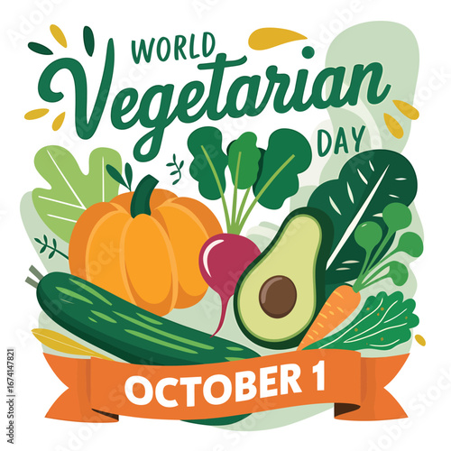 Vector art of world vegetarian day on october 1st featuring a vibrant assortment of fresh vegetables and fruits, promoting a healthy plantbased diet