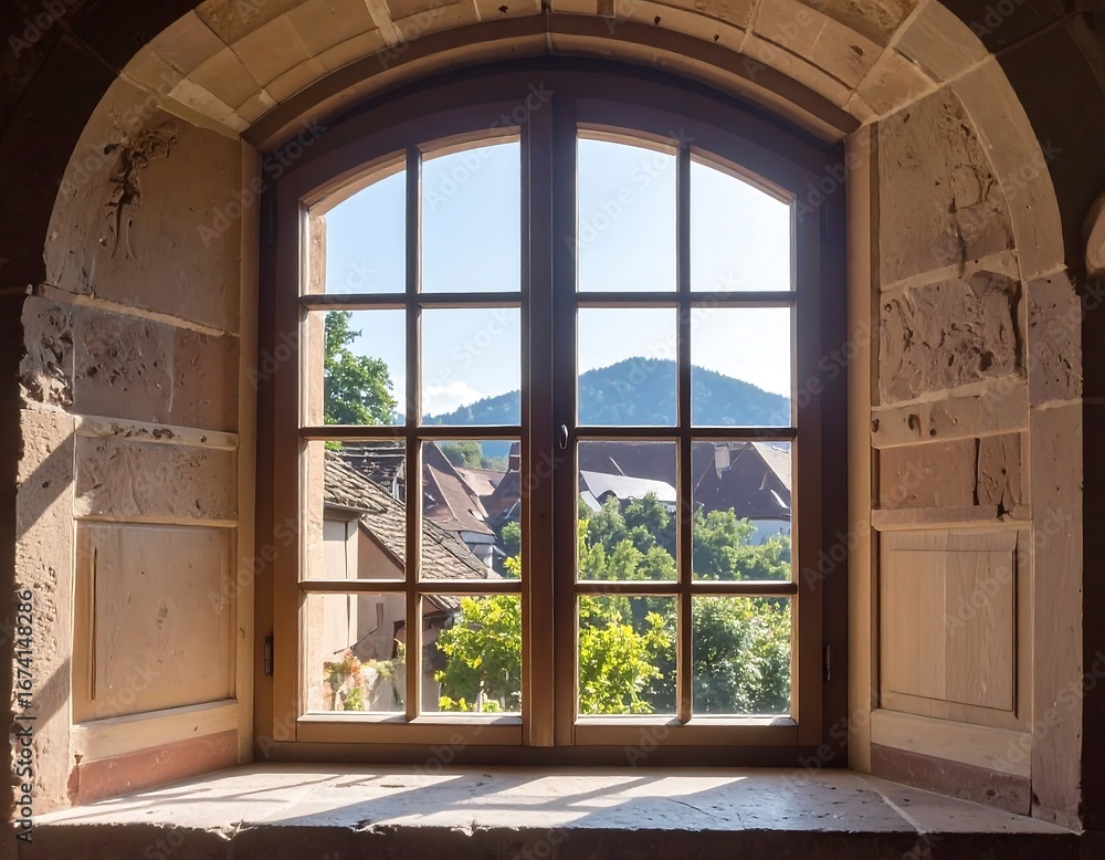 Fototapeta premium A charming arch window reveals a picturesque village nestled beside a hill, bathed in natural light.