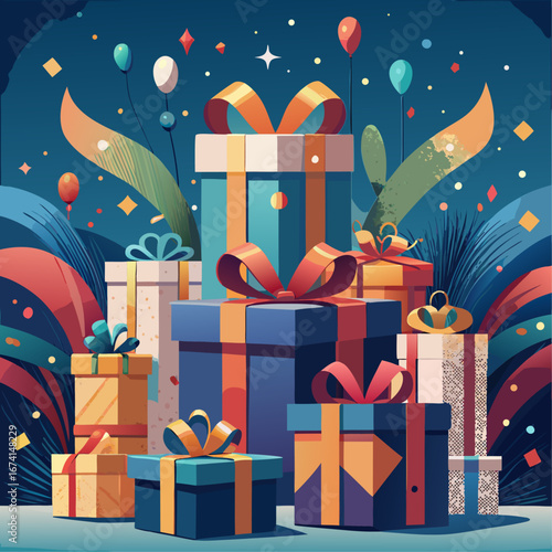 Festive gift boxes with balloons and confetti