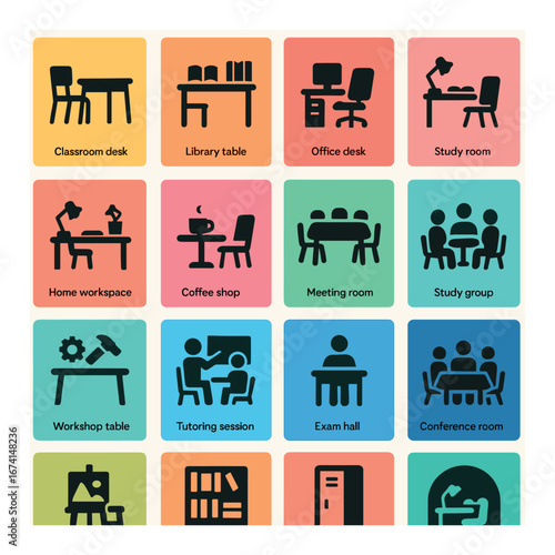 Silhouette workspace icons set: classroom desk, library table, office desk, study room, home workspace