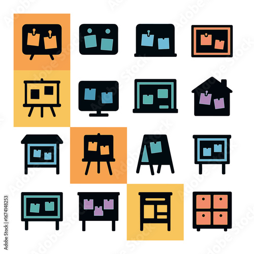 Silhouette office and education icon set: pinboard, chalkboard, easel, house, bulletin board, display