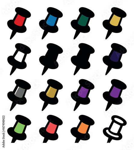 Silhouette stationery icon set featuring thumbtacks, pushpins, colorful pins, and office supplies